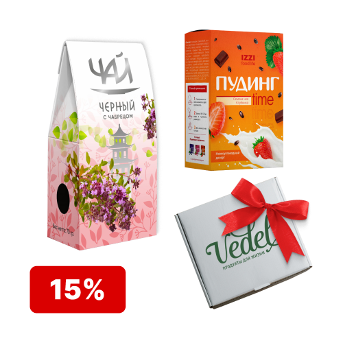 Акционный набор скидка 15 %  Чай черный с чабрецом 1 (шт.) + Пудинг TIME клубника-шоколад 1 (шт.)  +подарочная коробка в подарок