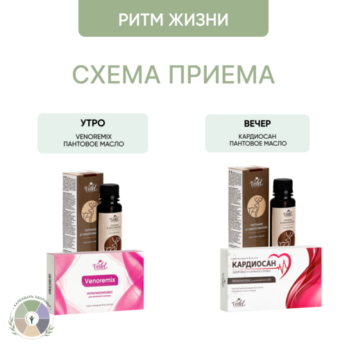 Комплексная программа "Ритм жизни" Кардиосан (3 шт.) + VENOREMIX монодоза 3 (шт.) + Пантовое масло 3 (шт.)+ Собиогенол 1 (шт.) в подарок